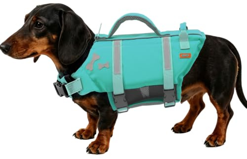 EMUST Dog Life Vests, Adjustable XS Dog Life Jacket with 2 Rescue Handle | Puppy Flotation Vest for Swimming, Boating, Rafting, Surfing, Kayaking, Turquoise