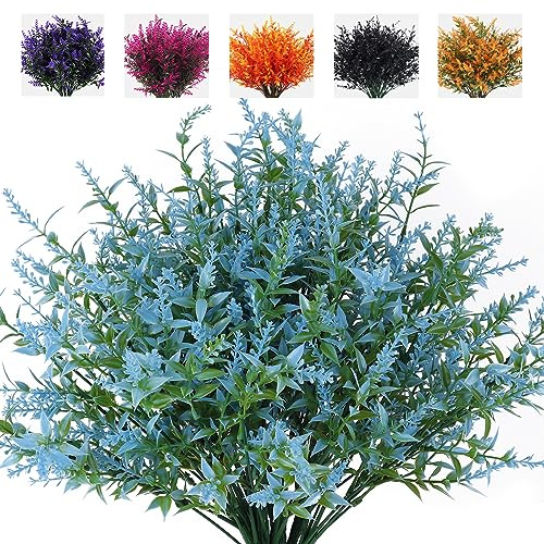 RECUTMS Blue Artificial Flowers for Outdoor Artificial Plant Flower Outside | 8Pcs Fake Greenery Outdoor Laven Plants Faux UV Resistant Flower Plastic Shrubs for Indoor Outside Hanging Planter Decor