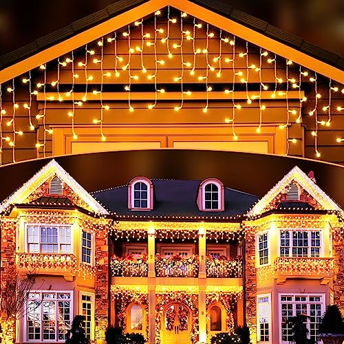 Elegear 10m 400 LED Cortina Luces Navidad Exterior con Enchufe Temporizador, Prolongable Impermeable Carámbano, 8 Modos Luz de Hadas para Natal Boda Fiestas Casa Jardín Patio Balcón, Blanco Cálido