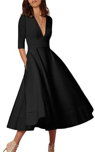 YMING Vestido De Cóctel De Mujeres Elegante Escote En V Profundo Cintura Alta Vintage Midi Swing Vestido Negro XL