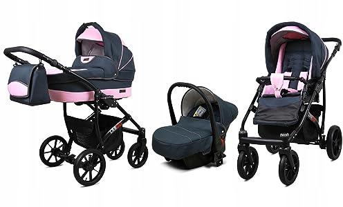 BabyLux® Carrito de Bebé Sistema de Viaje Set 3 en 1 - Largo - incl. Capazo, Silla de Paseo, Silla Coche - Cochecito - con Bolso cambiador, Cubierta para la lluvia, Mosquitera etc.