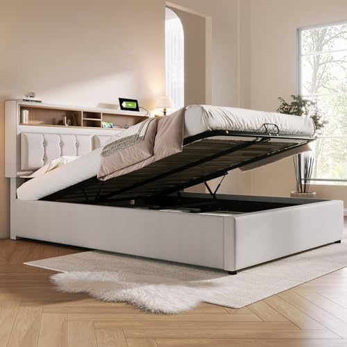 Merax Polsterbett 140x200cm mit USB C Steckdose, Hydraulisches Doppelbett mit Lattenrost & Verstellbares Stauraum Kopfteil, Funktionsbett, Bettgestell mit Bettkasten, Leinen, Ohne Matratze, Beige