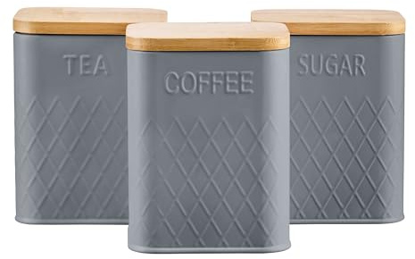 Cooks Professional 3 Piece Embossed Tea, Coffee & Sugar Cannister Set with Bamboo Lids | Diamond Pattern Labelled Stainless Steel Kitchen Storage Bins Airtight Containers | Grey