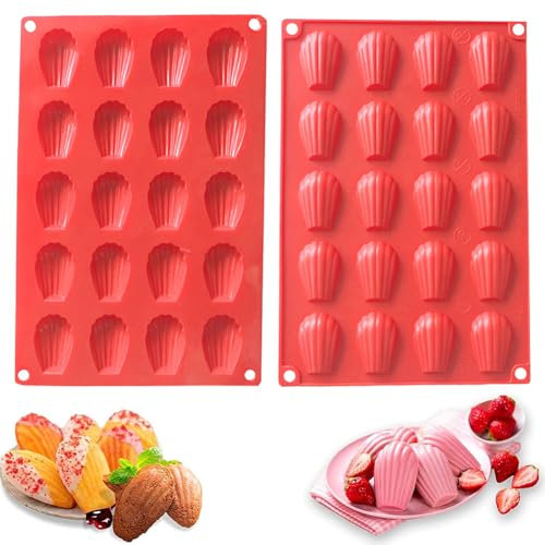 2Pcs Red Scallop Shells Madeleine Silicone Mould, 20 Cavity Mini Baking Tray for Cake, Chocolate, Candy, Biscuits
