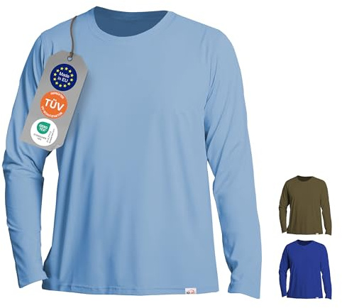 iQ-UV Shirt für Herren Langarm Rundhals Hellblau XXL – Rashguard für Herren mit UV Schutz UPF 50+ TÜV geprüft – Hochwertiges UV Shirt für Männer in Langarm – atmungsaktiv und schnelltrocknend