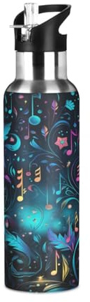 Niigeu Note De Musique De L'Espace Artistique Bouteille d'eau Isotherme avec Paille en Acier Inoxydable Gourde, Sans BPA Gourdes Eau pour Enfant Sport Randonnée École Bureau (600ml/1L)