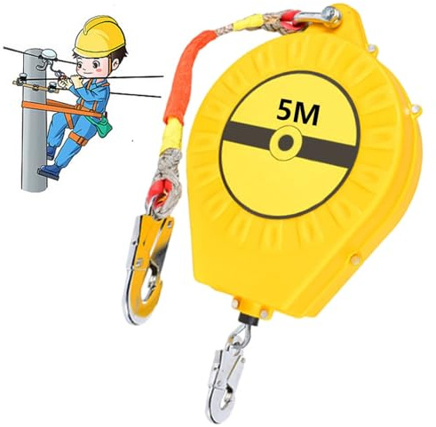 BOVDC Dispositif Antichute a Rappel Automatique, 3-20m Harnais de Securite Anti Chute Certifié, Protection Antichute Rétractable Vert/Jaune pour Travaux en Hauteur/Toiture, Charge: 150kg(Jaune, 5m)