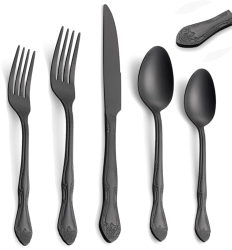 Deeny Jarte Matte Black Silver Cutlery 30 Piece Stainless Steel Cutlery for 6 People Floral Rose Satin Fork Spoon Knife Set Dishwasher Safe