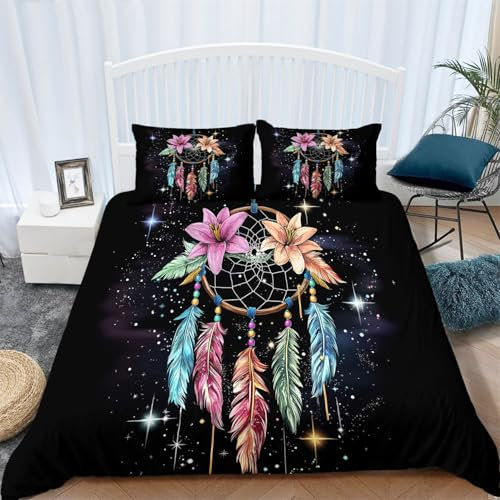 Bettbezüge 180 x 200 cm Traumfänger-Sternperlen Bettbezug Set 3 Teilig Weiche Microfaser Bettwäsche Bettdeckenbezug mit Reißverschluss und 80 x 80 cm Kissenbezüge, Blau