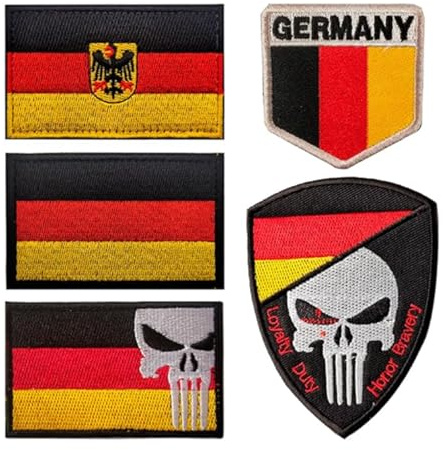 5 Stücke Deutschland Flaggen Klett Punisher Patch für Taktische Militär Kleidung, Rucksack, Baseballkappe, Uniform, Weste, Hundegeschirr - Airsoft Klett für Rucksäcke Militär