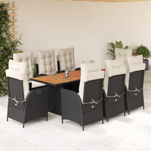 Homgoday 9-TLG. Garten-Essgruppe mit Kissen Gartenmöbel Set Balkonmöbel Sitzgruppe Gartenstuhl mit Tisch, Terrassenmöbel Gartengarnitur Sitzgarnitur Schwarz Poly Rattan
