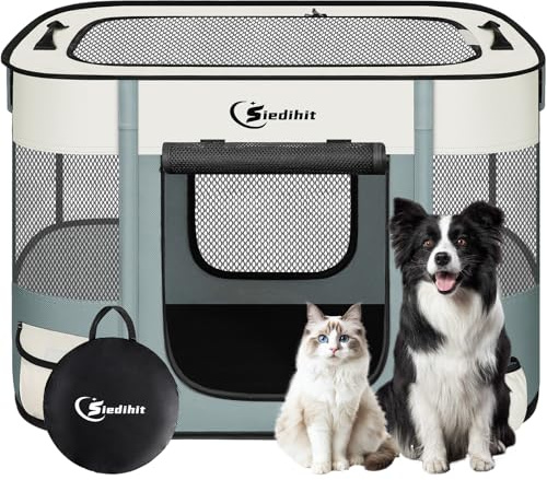 Dog Playpen,Cat Pet Puppy Pen,Portable Playpens for Dogs Indoor Outdoor Travel Camping Use,Foldable Dog Kennel Tent Crate for Rabbit Small Animals with Carrying Case (Grey, Medium)