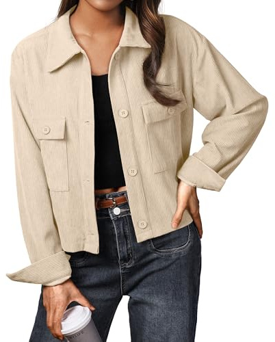 IWOLLENCE Cordjacke Damen Hemdjacke Cordhemd Kurzjacke Langarm Revers Button-Down Shacket Mantel (Aprikose, L)
