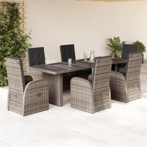 Homgoday Set da pranzo giardino 7 pezzi e cuscini in rattan sintetico grigio, sedia tavolo cucina esterno terrazza patio balcone mobili tipo 7