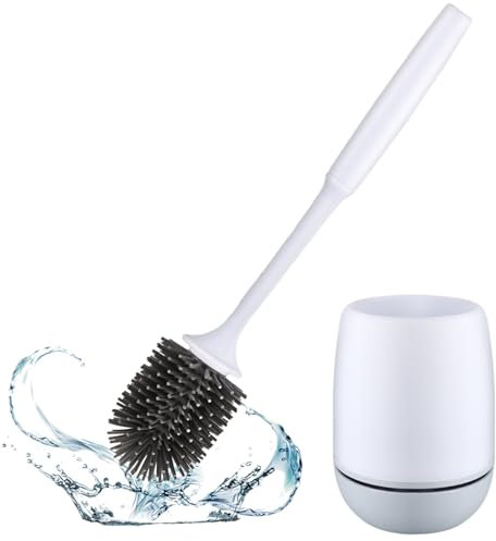 Brosse WC avec socle, brosse de toilette en silicone, poils en silicone, ne se raye pas facilement, peut être montée au mur ou posée sur le sol (1 pièce) blanche