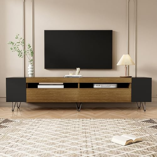 Soweiz Moderner TV-Schrank, Geräumiger Stauraum, Holzoptik – Länge 180 cm, Stabil und Langlebig, Solide Konstruierte Metallfüße, 180 L x 36 B x 43 H cm (Schwarz und Holzoptik)