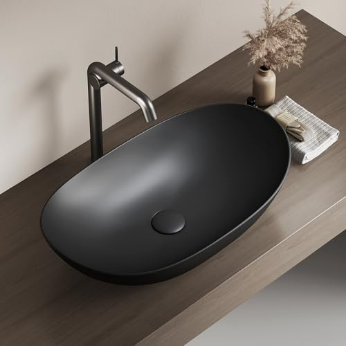 EMKE Lavabo da Appoggio Ovale 61,5 x 36 x 15,5 cm,Nero opaco | Ceramica per Bagno e WC Ospiti, Mini Compatto