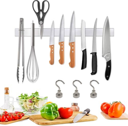 Barra Magnética para Cuchillos,40cm Iman Cuchillos de Cocina,Iman para Cuchillos de Cocina Con 3 Ganchos Magnéticos,Soporte Cuchillos Cocina,Soporte Utensilios Cocina,Sin taladrar,Autoadhesiva