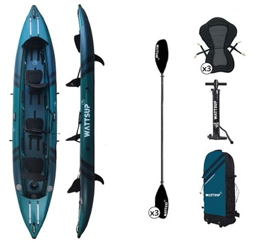 Wattsup, Kayak Inflable, Serie COD 3 Plazas, 460 x 85 cm (15'1 x 33), 100% Alta Presión/Dropstitch, Paquete Completo, Remos Dobles, Asientos, Bomba, Bolsa de Transporte, hasta 250 kg, Azul