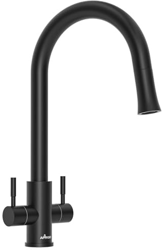 APPASO Black Kitchen Tap Dual Lever, 2 Handles Monobloc Kitchen Mixer Taps 1 Hole with Pull Out S304 Stainless Steel Sprayer 1 Modes, High Arch 360°Swivel Mono Sink Faucet Twin Lever Matte Black