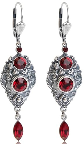 NOBEL SCHMUCK Jugendstil Ohrringe hängend Silber Kristalle Siam Rot romantische Ohrhänger festlich