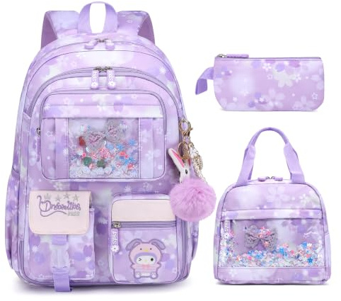 HANXIUCAO Girls School Bag Sets - Water Resistant Cute School Backpack with Laptop Compartment for Primary Secondary Students (Kids Backpack+Insulated Lunch Bag+Pencil Case Purple)