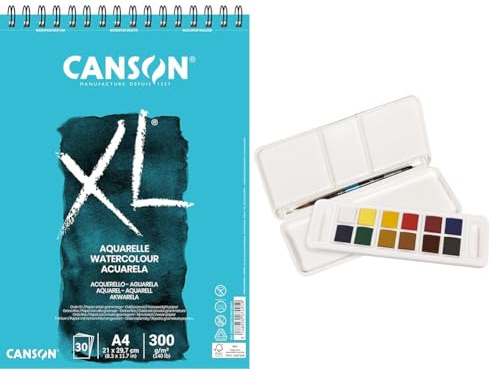 Lote de Canson XL, Papel de acuarela, Prensado en frío, 300g, A4, Blanco, 30 Hojas + Daler-Rowney Aquafine, Travel Set, Medio Godet, 12 Colores Surtidos + 1 Pincel Aquafine