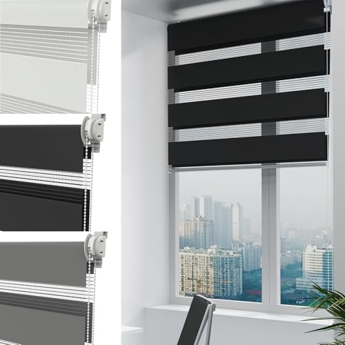 UISEBRT Doppelrollo Klemmfix ohne Bohren|Schwarz B70 x H120 cm|Duo Rollos für Fenster ohne Bohren|Sichtschutz und Sonnenschutz für Büro Wohnzimmer Küche Badezimmer
