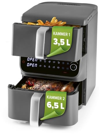 GOURMETmaxx FryUp Doppelkammer Heißluftfritteuse MultiSize - 10 L | vertikaler Airfryer mit 2 Kammergrößen: weniger Garraum verschwenden | 10 Programme & LED-Touchdisplay | Heißluftfritteuse 2 Kammern