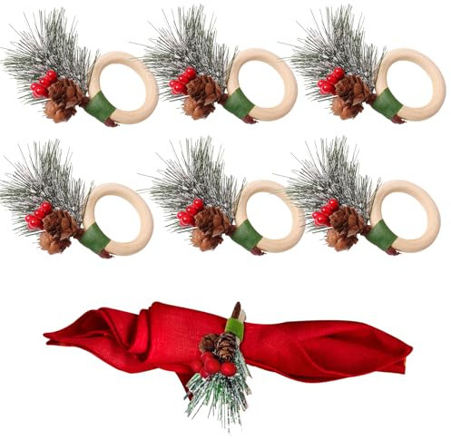 Phlognfy Weihnachten ServiettenRinges Holz, Weihnachten Serviettenringe Zedern, mit Zedern, rote Beeren, für Weihnacht Party Tischdekoration