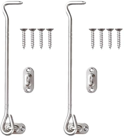 ZMZaoan 2 x 20 cm Gancho Cerrar Puerta, Pestillo y Cerrojo para Puerta - Gancho para Puerta 2 Pcs Hook and Eye Latch, Sujeta Ventanas Abiertas para Cobertizo Jardín Garaje (Acero Inoxidable Plateado)
