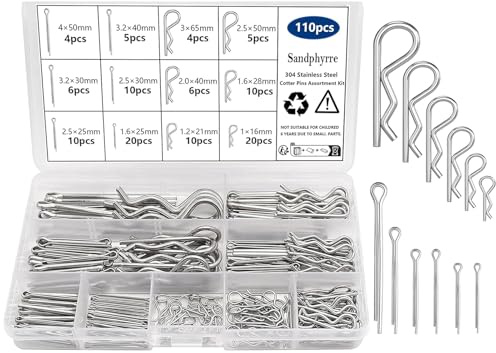 110 Pcs Cotter Pins Assortment Kit, 304 Stainless Steel 12 Sizes R Clips and Split Pins, Heavy Duty Spring Clips for Hitch Pin Lock Systems