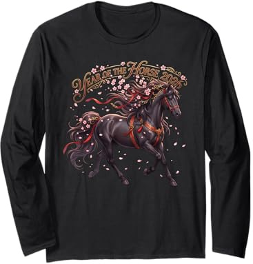 Année du Cheval 2026 Cheval Fleur de Cerisier Nouvel an Chinois Manche Longue