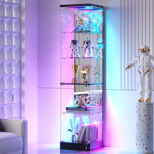 Gurexl 5 Tier RGB Glass Display Cabinet with Lockable for Bedroom,Black | 67″ Modern Curio Cabinet with Dynamic lighting,Storage Bookcase Cabinet with Glass Door for Study,Living Room,Bedroom