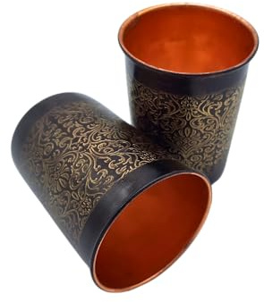 Juego de 2 vasos de cobre de alta calidad, 99,9% cobre puro, 250 ml, vasos Ayurveda para agua, hechos a mano en la India, vasos tradicionales de cobre (adornos negros y dorados)