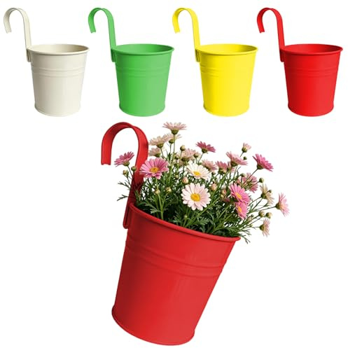 FARYODI Hängande korg blomkruka, set om 4, galvaniserat järn, 16 cm höjd, 26 cm diameter, med avtagbart handtag, avloppshål, färgglad, robust och hållbar (flerfärgad 2)