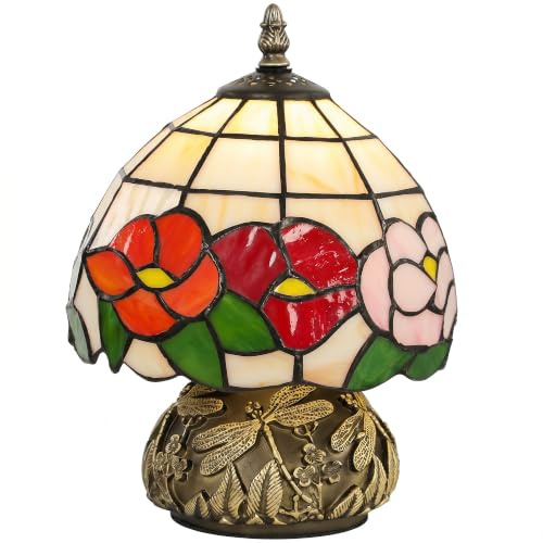 HOMCOM Tiffany-Style Table Lamp with Sculpted Dragonfly Base Multi-Coloured | Handcrafted Classic Stained Glass Bedside Lamp, for Living Room and Bedroom, E27 Socket