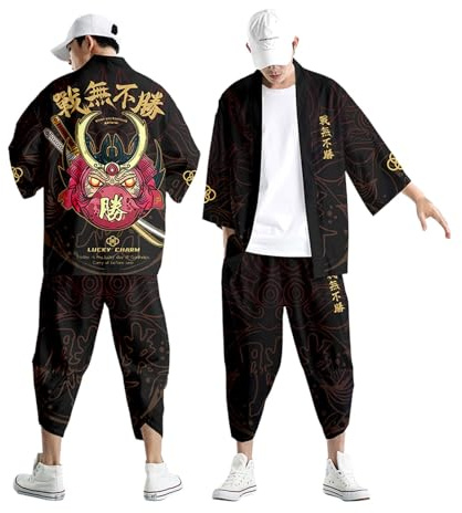 Ensemble kimono traditionnel pour homme imprimé japonais cardigan ample et pantalon de loisirs combinaison d'été rétro samouraï vêtements Harajuku combinaison de sport printemps été manches 3/4 kimono