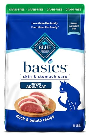 Blue Buffalo Basics Grain-Free Dry Cat Food, Skin & Stomach Care, Limited Ingredient Diet for Indoor Cats, Duck & Potato Recipe, 11-lb. Bag