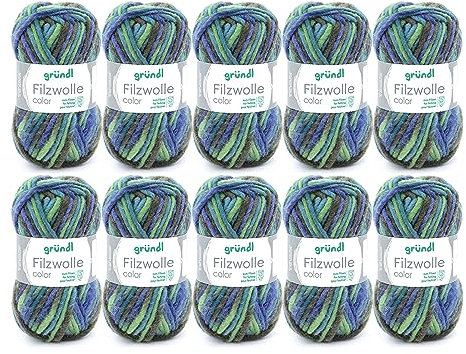 Gründl Wolle Filzwolle color - Dicke Wolle zum Filzen in der Waschmaschine - Strickgarn zum Filzen - Weich und hautfreundlich - 100% Schurwolle - 10 Knäuel 50 g /50 m -Nadelstärke 8-9 - grün-blau
