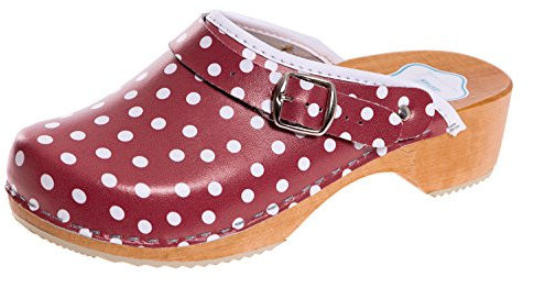Futuro Fashion® - Zoccoli in Pelle con Suola in Legno Naturale - Unisex - Tinta Unita - Misure dal 36 al 42 - Rosso/Pois Bianchi - 37 EU