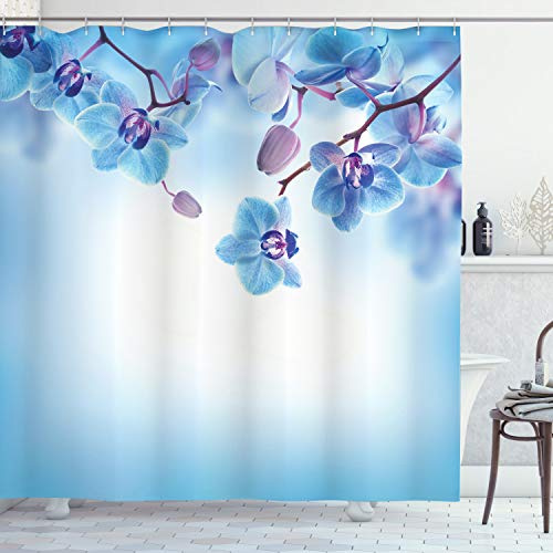 ABAKUHAUS Blume Duschvorhang, Orchideen Natur, Stoffliches Gewebe Badezimmerdekorationsset mit Haken, 175 x 220 cm, Blau und Lila