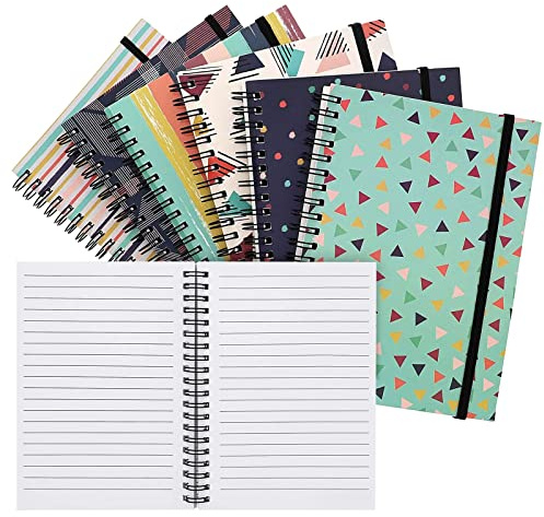 Paper Junkie 6 Pack 5x7 Spiral Notebooks with Pocket - Small Lined Journals with Elastic Closure for School, Work (6 Designs)