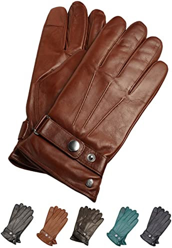 AKAROA ESTD 2019 Lederhandschuhe Herren RON, Touchscreen Funktion, italienisches Leder, recyceltes Strickfutter aus 50% Kaschmir und 50% Wolle, 5 Größen S - XXL, cognac, M-9