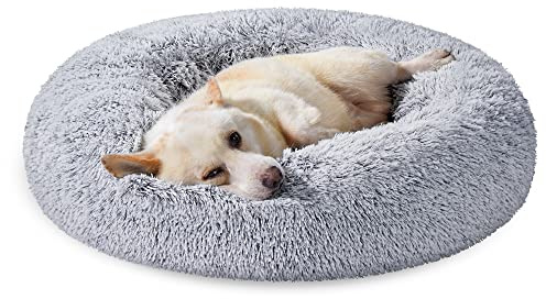 Feandrea Panier pour Chien, Lit Ronde en Forme de Beignet, Canapé, Coussin Central Amovible et Lavable, Tissu Peluche Doux, Ø80 cm, Gris Ombré PGW040G01
