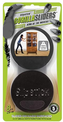 GorillaSliders Premium Felt Furniture Sliders for Hardwood Floors (8 Pack) Reusable 3-1/2” Round Felt Furniture Movers for Sliding on Hard Surfaces, Heavy Duty Felt & Rubber Foam, Black, CB136
