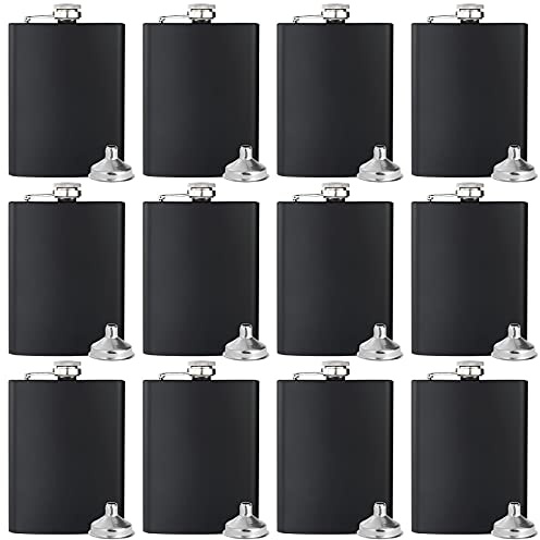 BALABALA Hip Flasks for Liquor for Men Women 12 pcs Black 8OZ Hip Flask with Silver lid with 12 pcs Funnel for Wedding Party Groomsman Bridesmaid Birthdays Gift