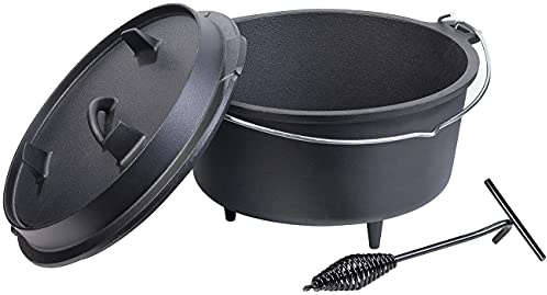 Rosenstein & Söhne Bräter: Dutch Oven aus Gusseisen mit Standfüßen, 2in1-Deckel & -Pfanne, 9 l (Camping Zubehör, Dutch Ovens mit Füßen, Wok)