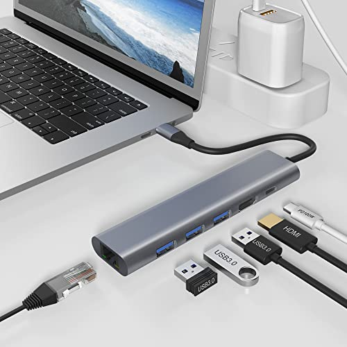 Adaptateur USB C vers HDMI, HUB USB 3.0 Alimenté 6 en 1, Multi USB HUB avec HDMI 4K, Gigabit Ethernet RJ45, PD 100W, 3 USB A 3.0, Dock USB C pour M acBook Pro/Air, Pad Pro/Air, ChromeBook, Switch, etc