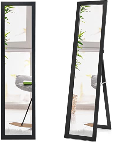 COSTWAY Specchiera da Terra Autoportante a Figura Intera, Specchio Rettangolare, in Legno (Nero)
